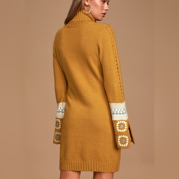 It's Groovy Mustard Yellow Multi Knit Turtleneck Sweater Dress - Picture 6 of 8